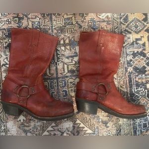 Frye Women Harness Red Leather Midi Boots